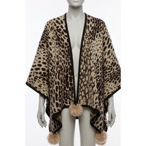Mitchie's Leopard Print Cape Poncho Dyed Blue Fox Fur Trim Acrylic One Size